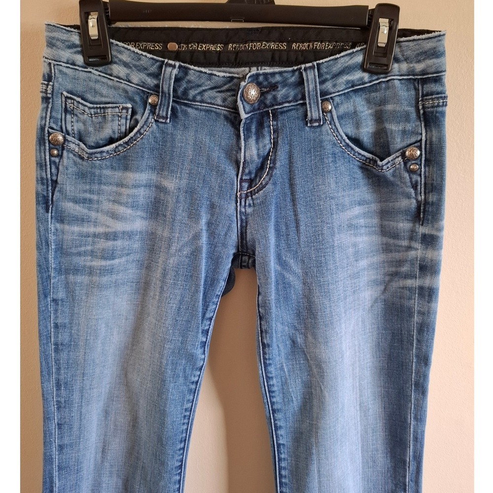 Y2K Low Rise Denim Faded Med Wash Rerock Jeans Streetwear Embroidered Metallic 4